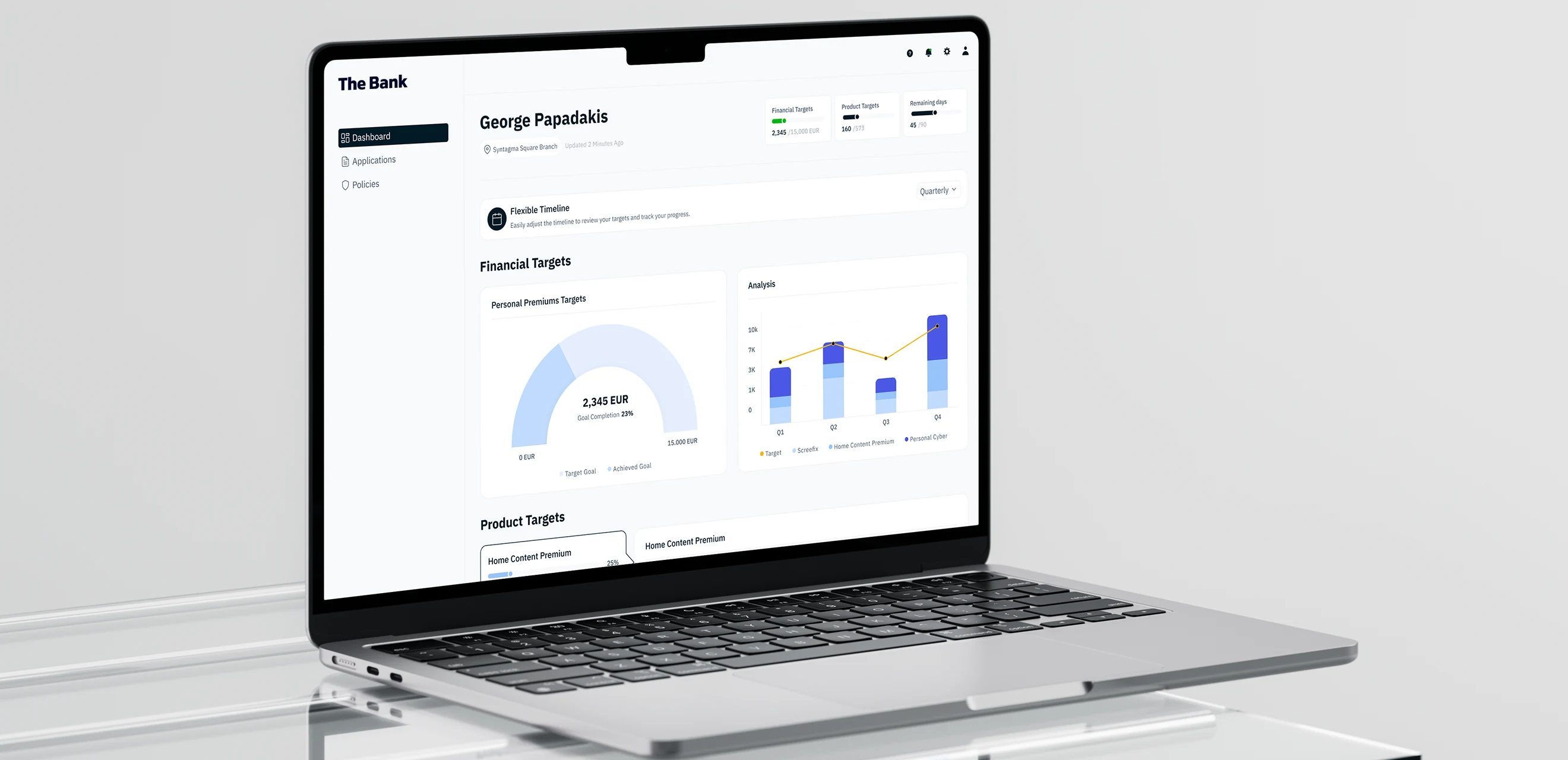 A laptop on glass showing a bank seller dashboard - the seller name, their financial targets and a progress dial