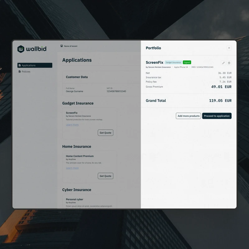The same product under the Wallbid brand: an applications list on the left and the portfolio panel open on the right with the running total