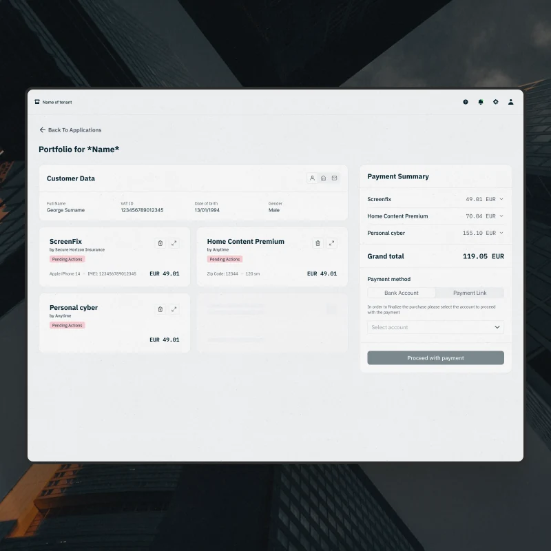 A customer portfolio - three products as cards, all pending, with the payment summary and the payment method beside them