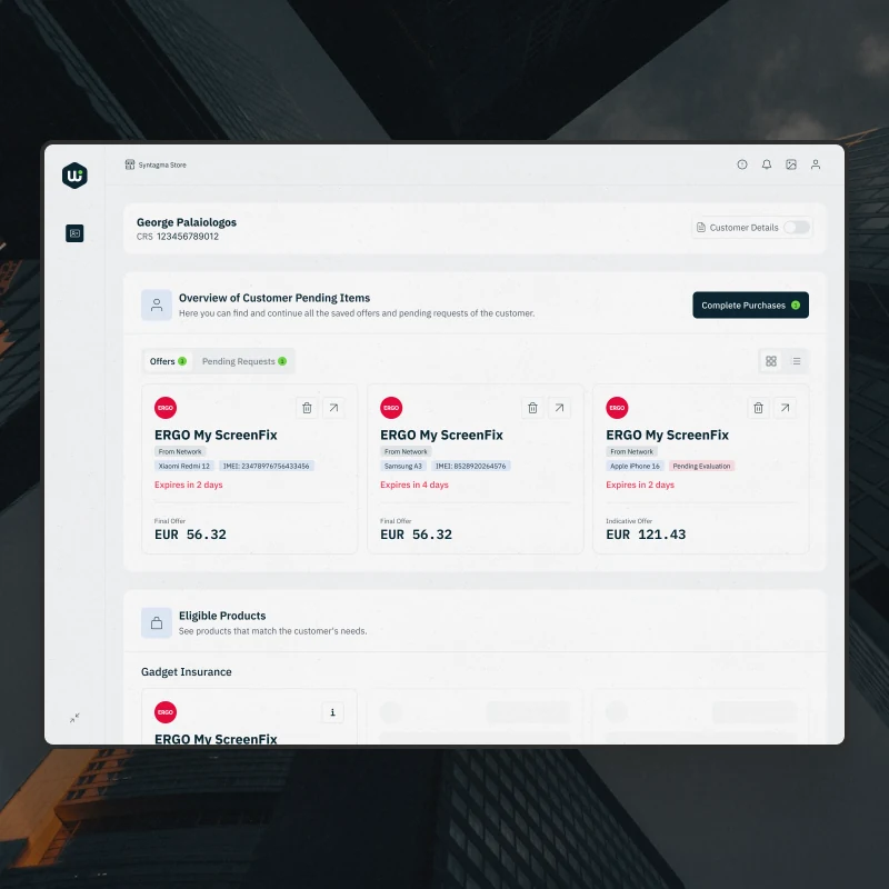 The customer overview - pending offers as cards with what each covers, when it expires and the price