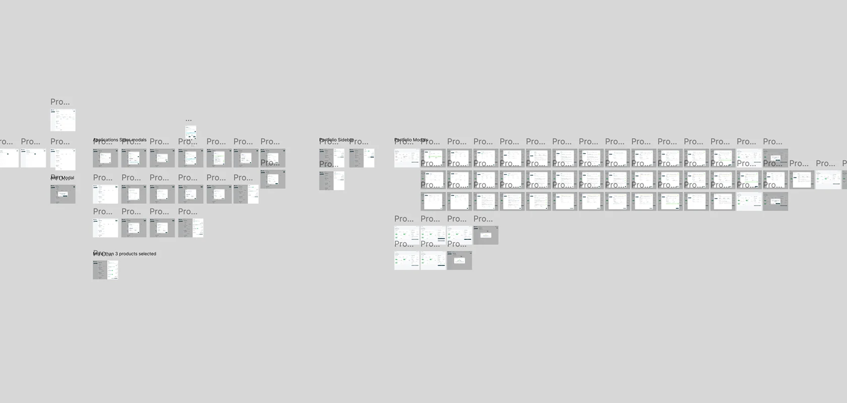 Hundreds of screens laid out in Figma, grouped by flow, at a zoom where each is a thumbnail
