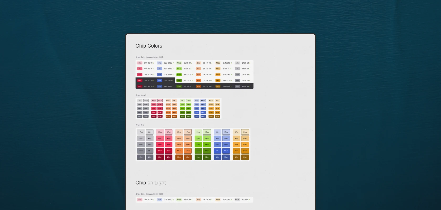 The chip colours from the design system - rows of status chips on dark, on light, and as background fills