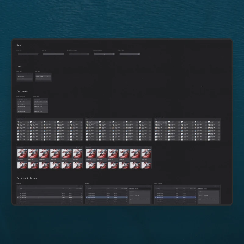 A page of components in the dark theme: cards, links, document lists, thumbnail grids and dashboard tables