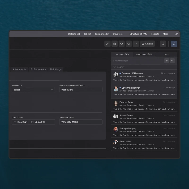 A record open with the comments panel beside it - forty-five messages, each with an avatar and a preview line