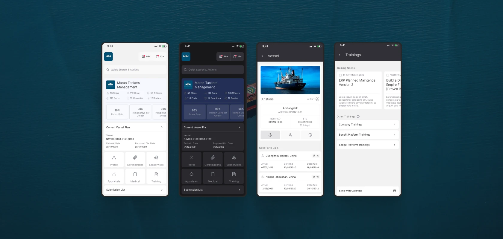 The phone app: a fleet overview, the same in dark, a vessel page with its next port calls, and a list of trainings