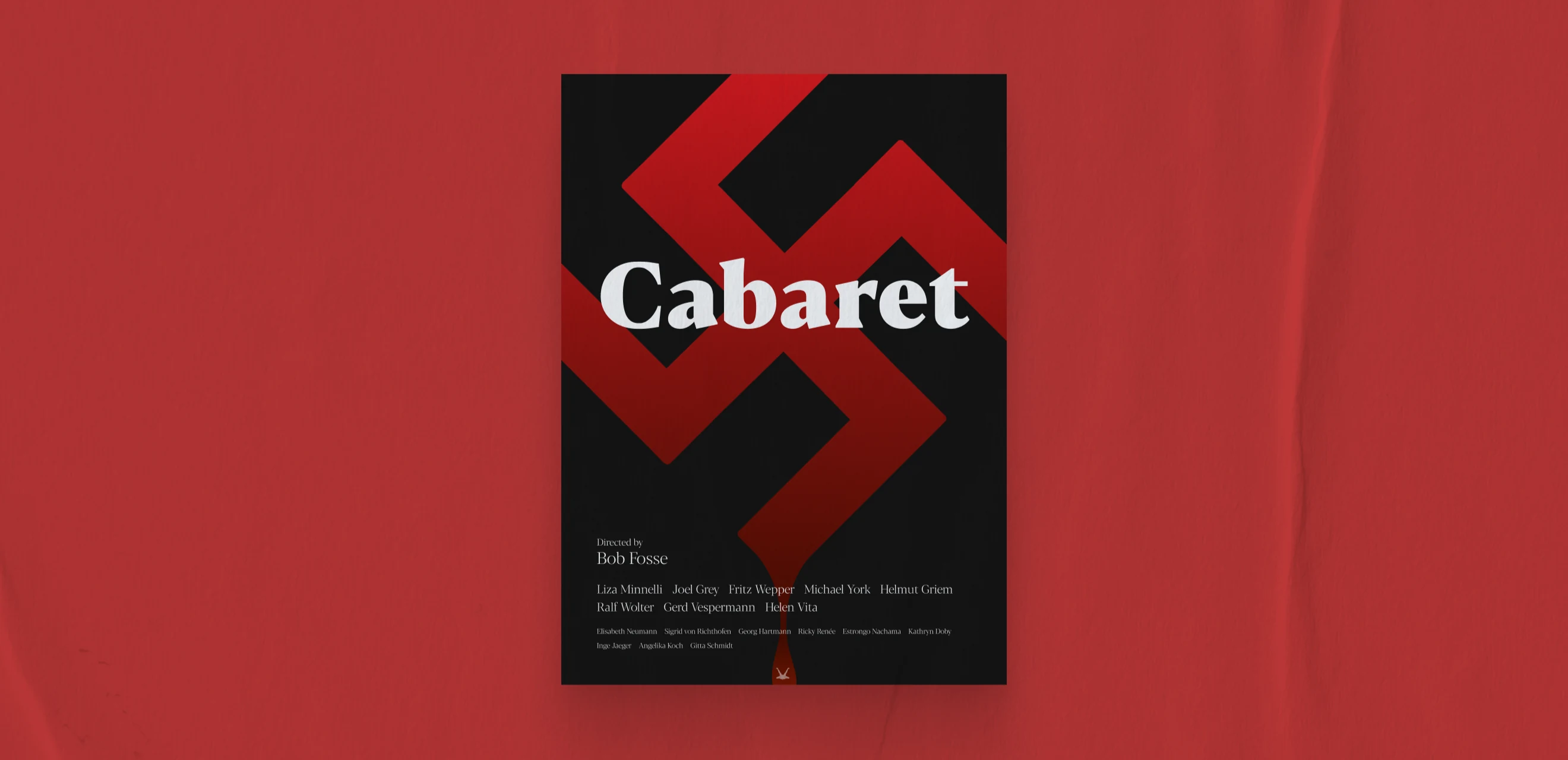 The second poster on red fabric - a huge red swastika behind the title, its arms running off every edge