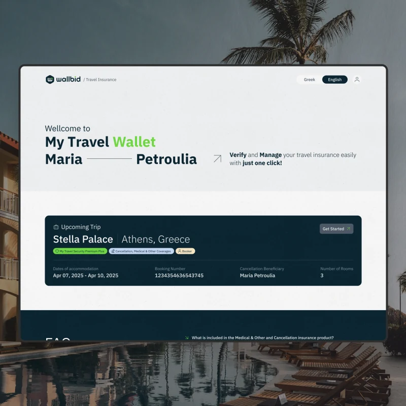The wallet once you are in - your name across the top and the upcoming trip as a dark card with the dates, booking number and beneficiary