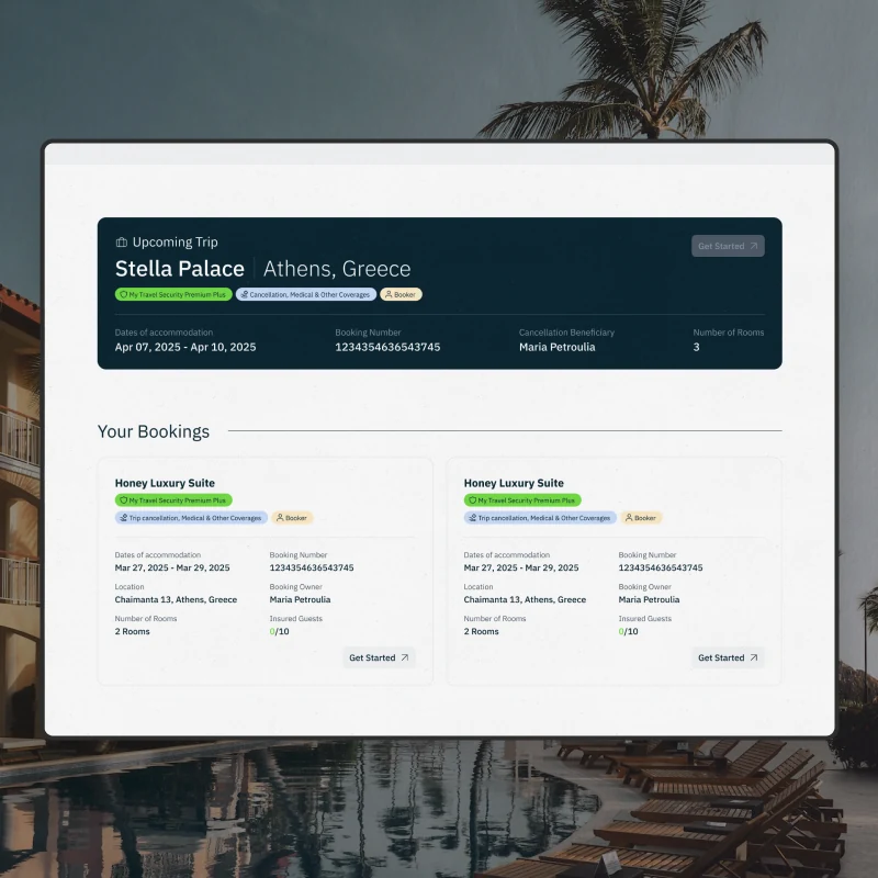 Your bookings listed as cards under the trip, each with its cover, dates, rooms and how many guests are insured