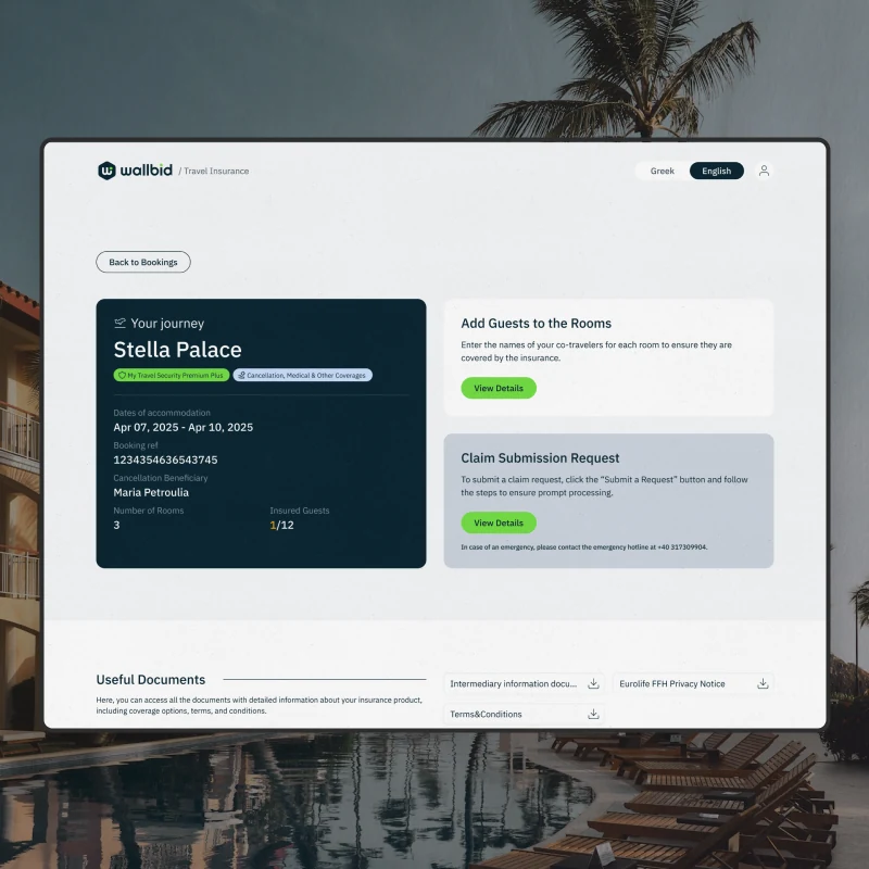 One booking open - the journey on the left, and the two things you can do beside it: add guests to the rooms, or submit a claim