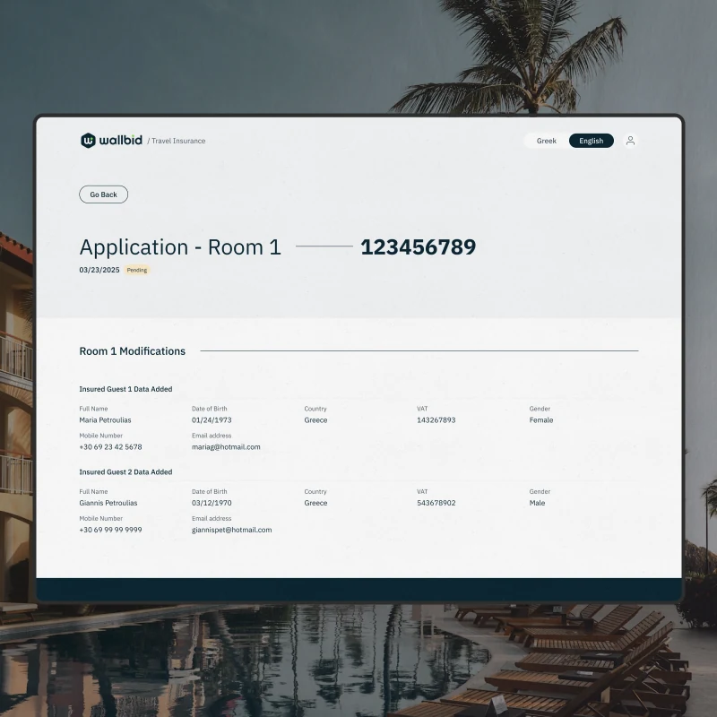 The application record - room one, pending, listing the data added for each insured guest