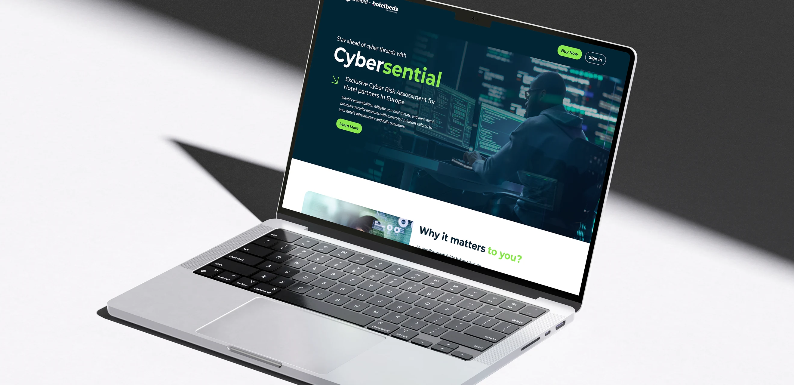 The Cybersential landing page on a laptop, open at the part explaining why a hotel should care