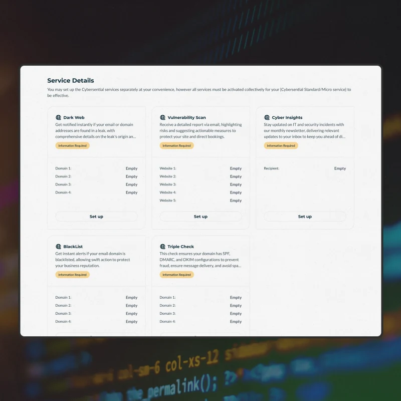 The five services as cards, each listing its empty slots and a set-up button