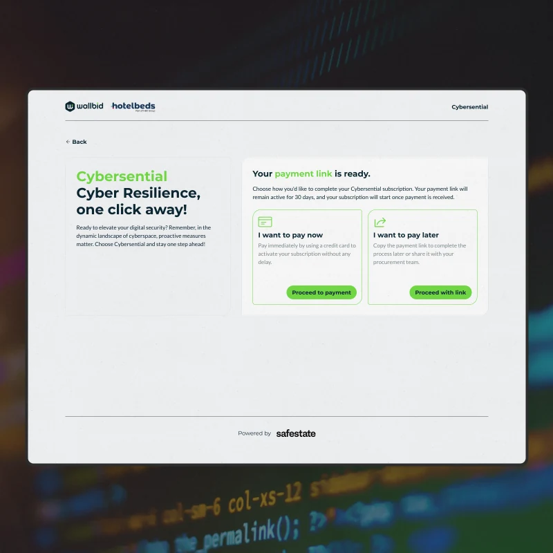 The payment link screen: pay now by card, or copy the link and pay within thirty days