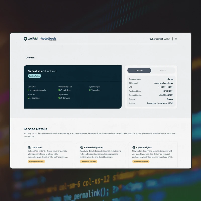 One subscription in detail - five services with nothing set up yet, and the company invoicing details beside them
