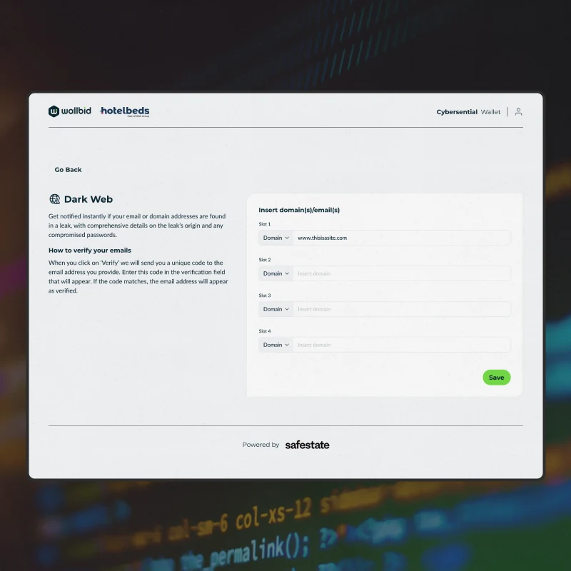 Setting up dark web monitoring, with four slots for the domains or addresses to watch