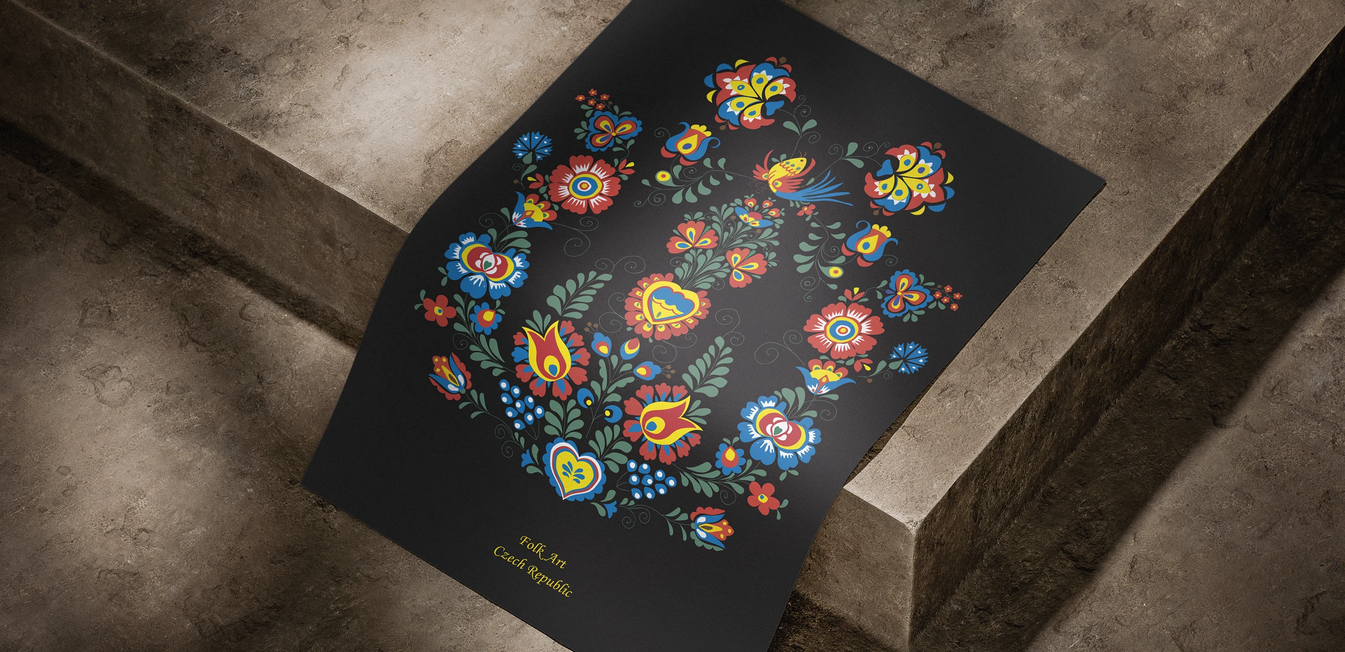 A black poster on stone steps, filled with Moravian folk flowers in red, blue and yellow, captioned Folk Art, Czech Republic