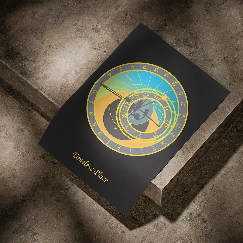 The Prague astronomical clock redrawn as a flat poster - zodiac ring, blue and gold dial and the earth at its centre - captioned Timeless Place