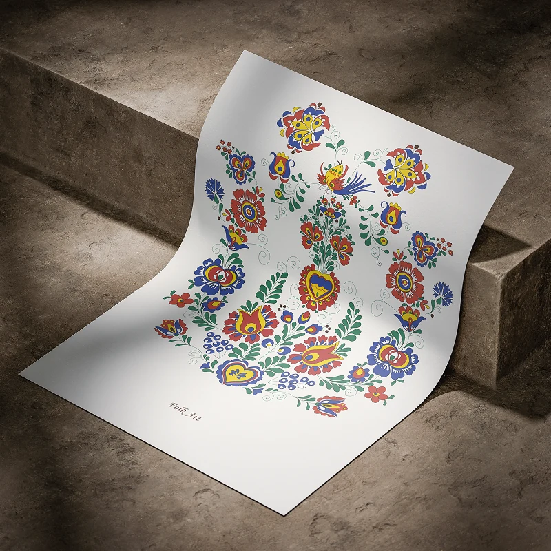 The same folk flowers on white, drawn in red, blue, yellow and green, captioned Folk Art