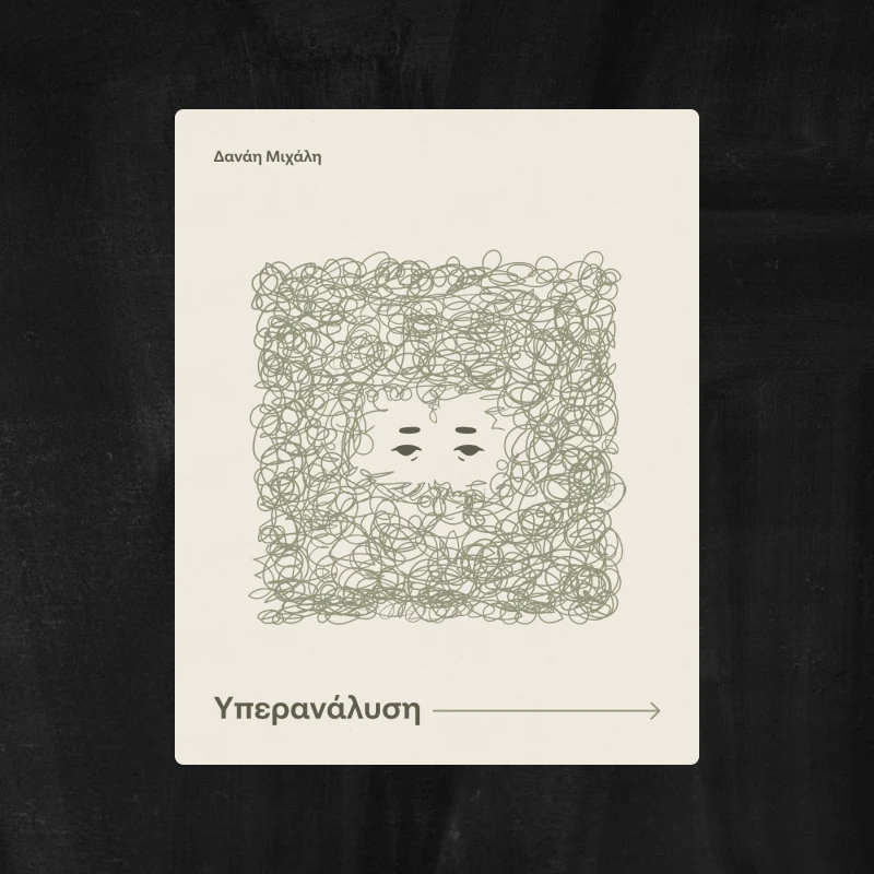 A social post: a face almost buried under a dense scribble, only the eyes and mouth showing through, titled overthinking