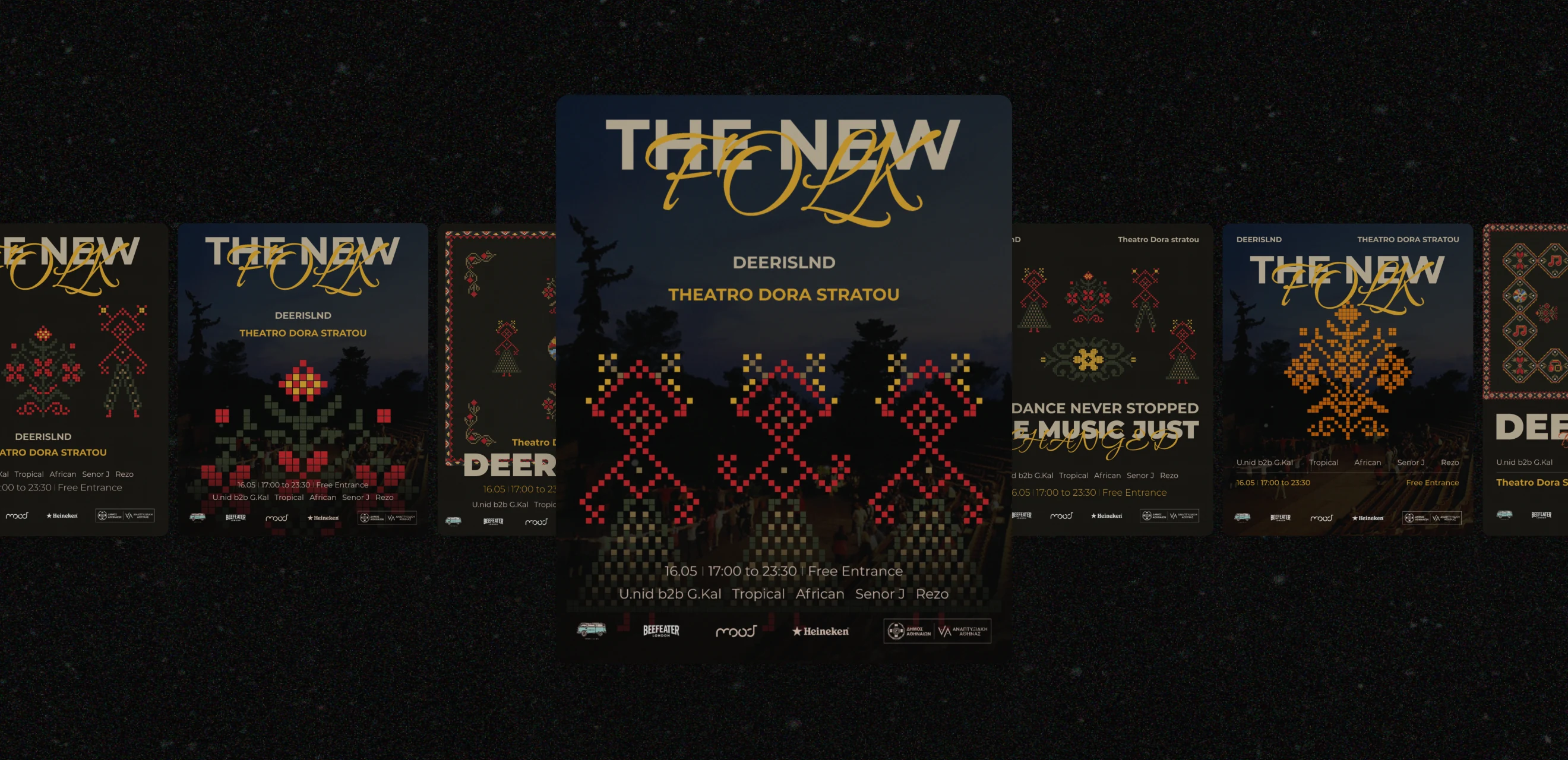 The poster series lined up in a row, each one a different folk pattern over the same night photograph of the theatre