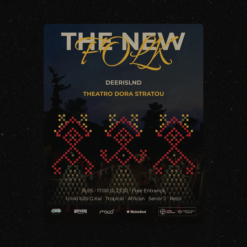 Three red folk motifs across the poster, the audience just visible in the dark behind them