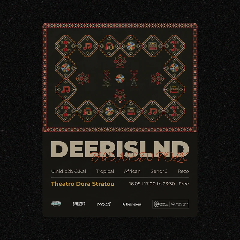 A poster laid out like a woven rug - diamonds of folk pattern with a record, a cassette, headphones and music notes stitched into them