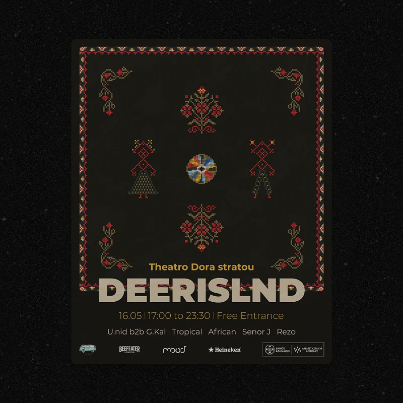 A poster framed like an embroidered sampler - a stitched border, folk figures and flowers, and a colour wheel at the centre