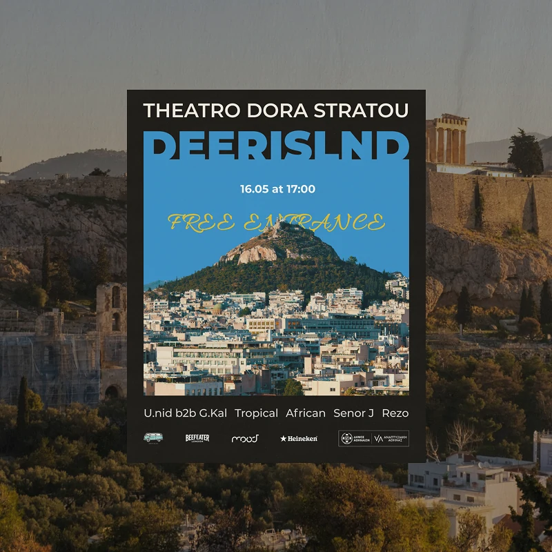 A second photographic poster: Theatro Dora Stratou above DEERISLND in a blue panel of Lycabettus hill over the rooftops, with FREE ENTRANCE in gold script
