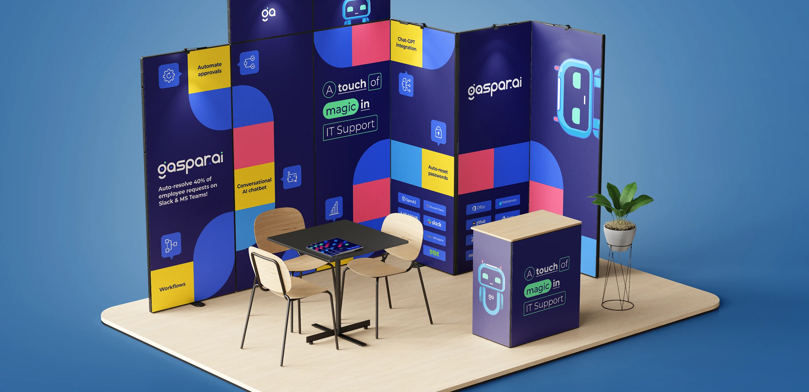 The exhibition stand rendered in 3D - navy walls with the robot mark, a table and two chairs, and a counter reading a touch of magic in IT support