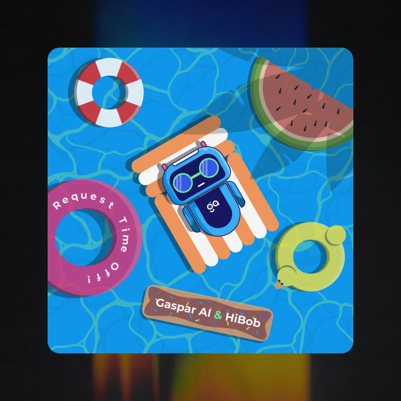 A social post looking down at a pool, the robot floating on a lilo in sunglasses between a watermelon and two rubber rings, captioned Gaspar AI and HiBob