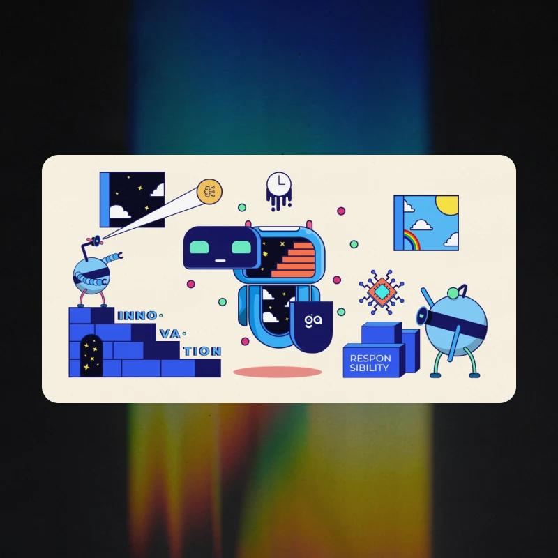 An illustration panel titled Innovation - robots building a wall of blue bricks, a clock melting, and a window onto a rainbow