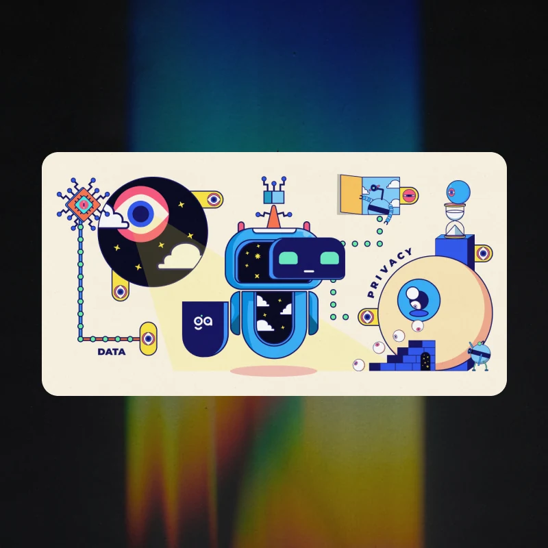 An illustration panel on data and privacy - a giant eye projecting onto the robot, a chip, an hourglass and a figure walking through a door