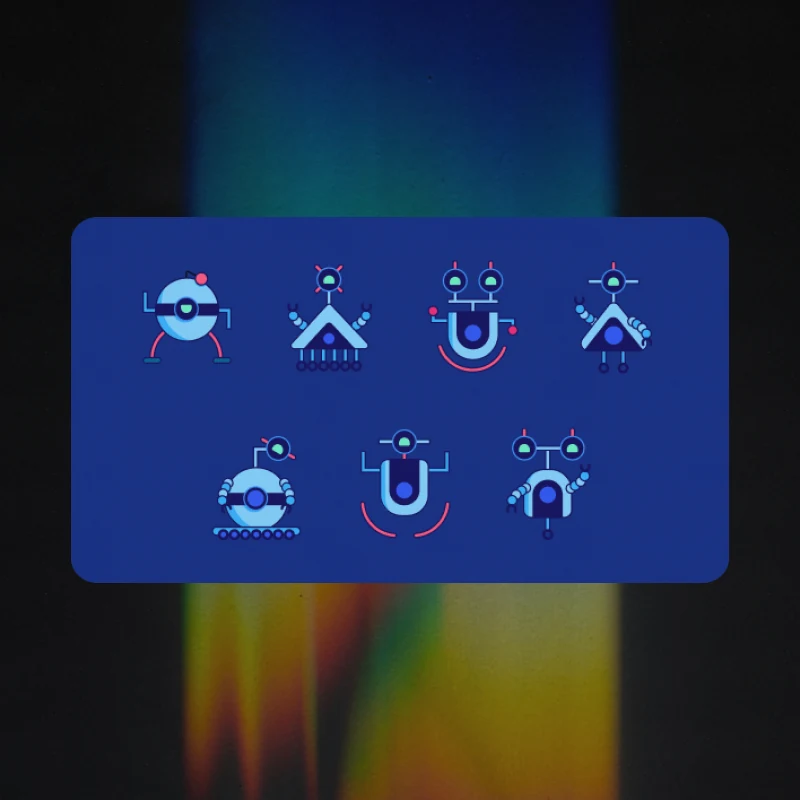 Seven robot characters drawn from the same parts - different bodies, arms and antennae, pale blue on royal blue