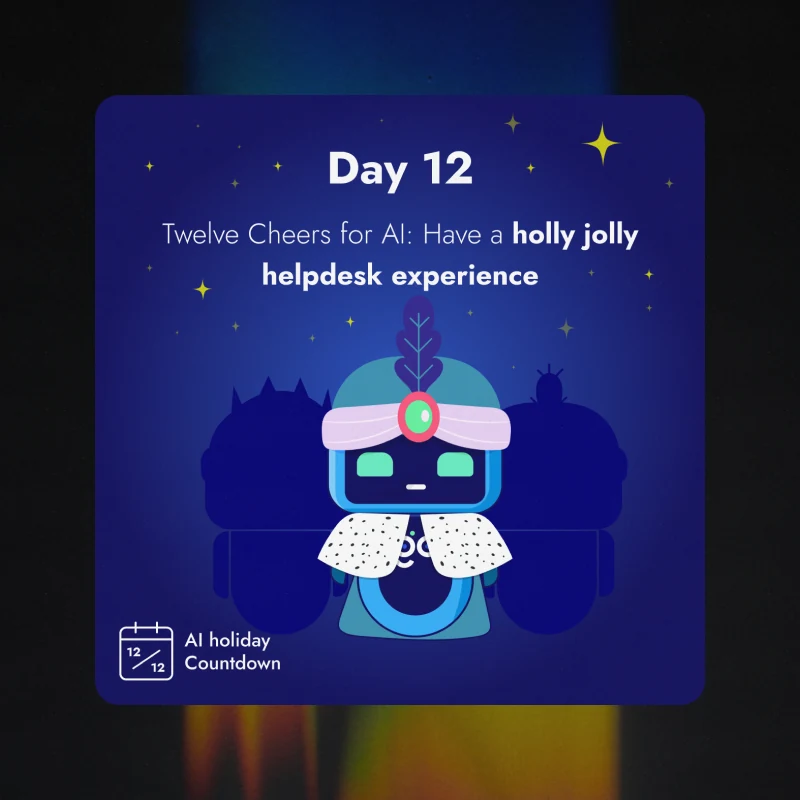 Day twelve of the countdown, the robot in a winter hat and collar against a starry sky