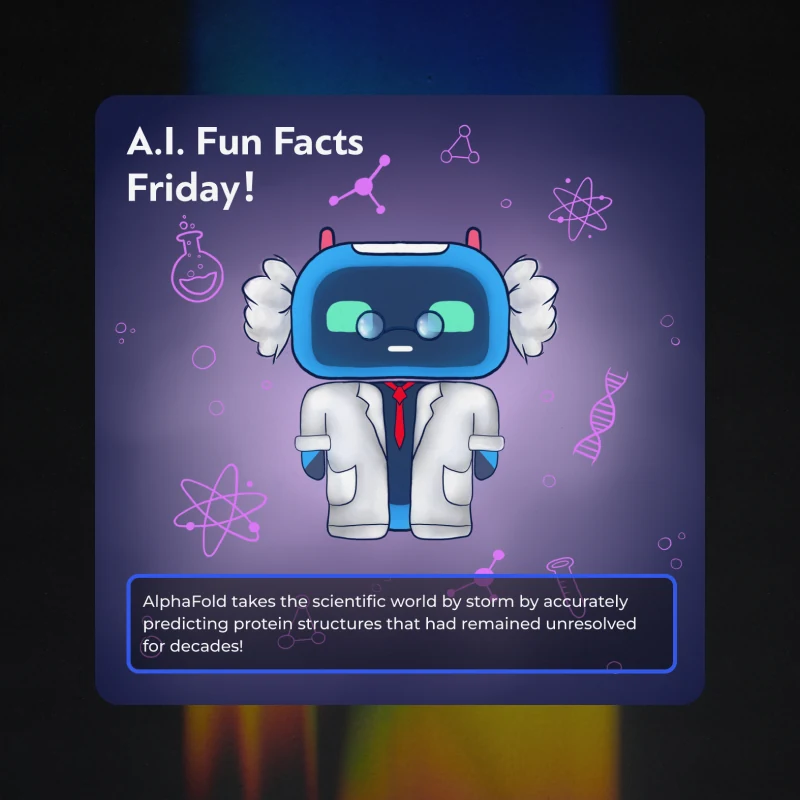 An AI Fun Facts Friday post - the robot in a lab coat among molecules and DNA, with a fact about AlphaFold