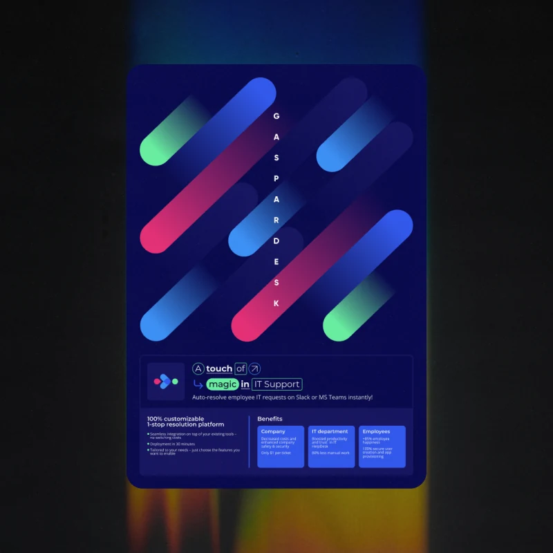 A poster for Gaspardesk - diagonal gradient bars over navy, the product line and three columns of benefits underneath