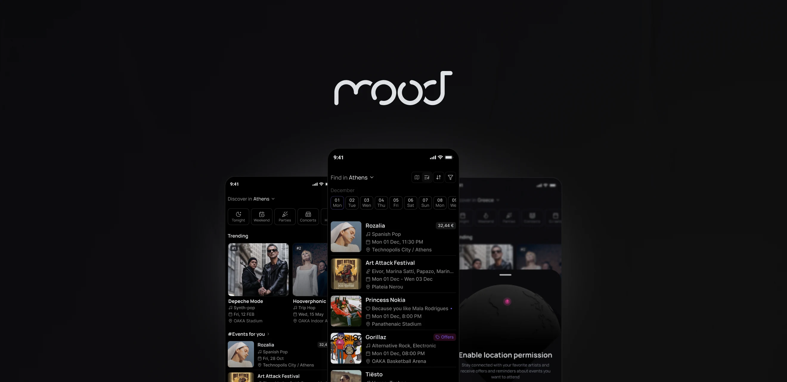 Three phones fanned out under the Mood wordmark, showing the discover screen, a day of events and the location permission ask
