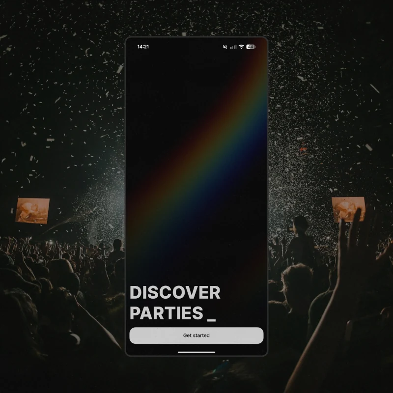 The opening screen - a rainbow smear of light across black, and DISCOVER PARTIES under it