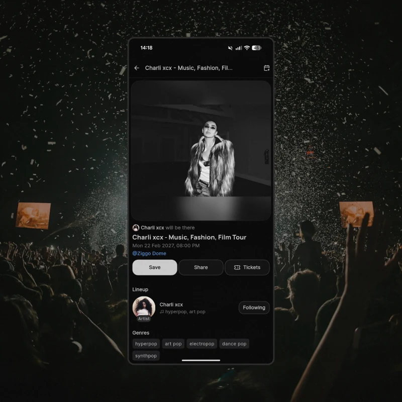 A Charli xcx tour page with the artist photograph, the venue, and her genres listed as chips