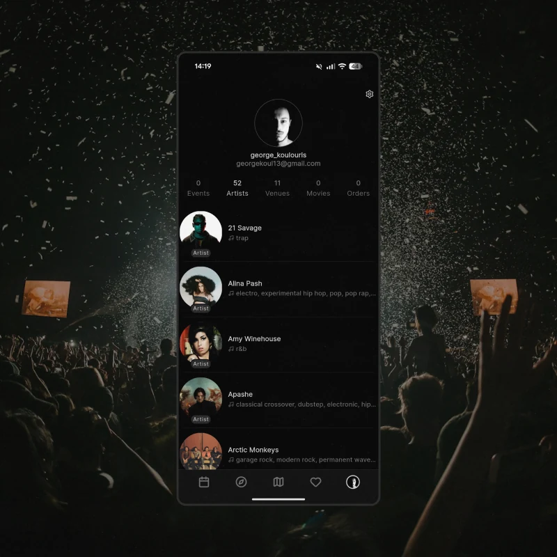 A profile: photograph, name, and counts for events, artists, venues and movies, with the followed artists listed below