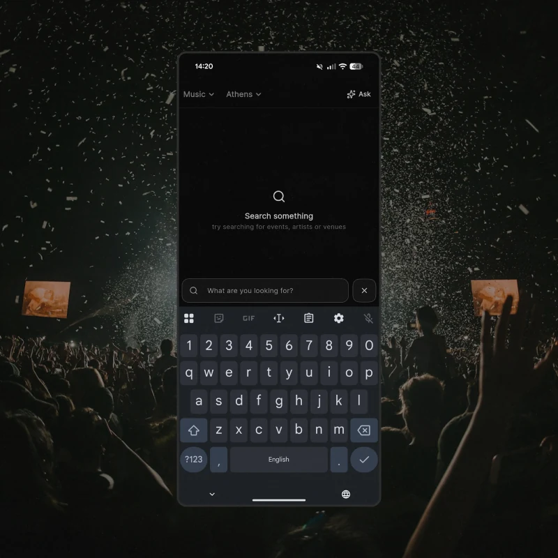 The search screen with the keyboard up and nothing typed yet