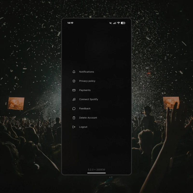Settings - notifications, privacy, payments, connect Spotify, feedback, delete account and log out