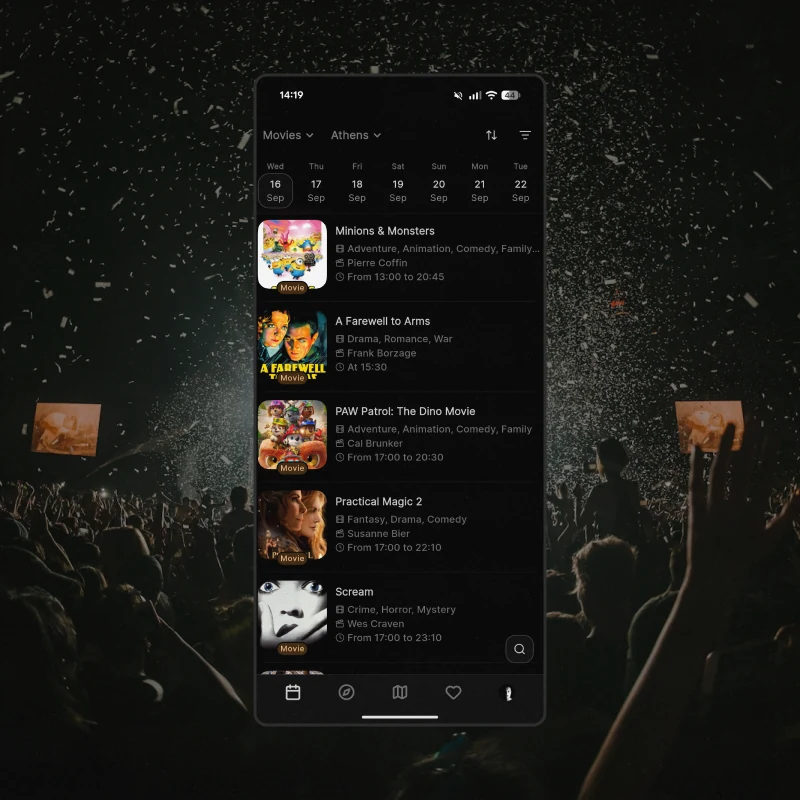 The same day view switched to movies, each film with its genres, director and showing times