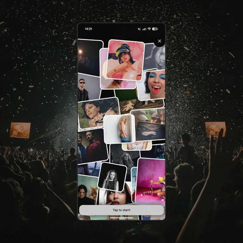 Onboarding: a wall of artist photographs stacked like polaroids, waiting to be tapped