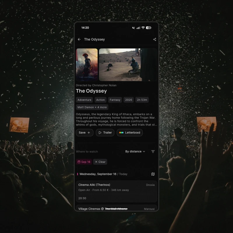 A film page: stills, director, genres, the synopsis, and where to watch it sorted by distance