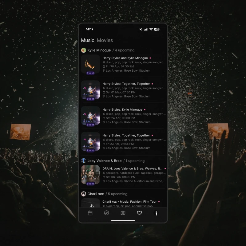 Saved artists with their upcoming events listed under each one