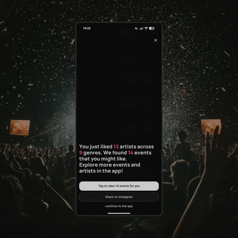 The result of the onboarding - twelve artists liked across nine genres, and fourteen events found
