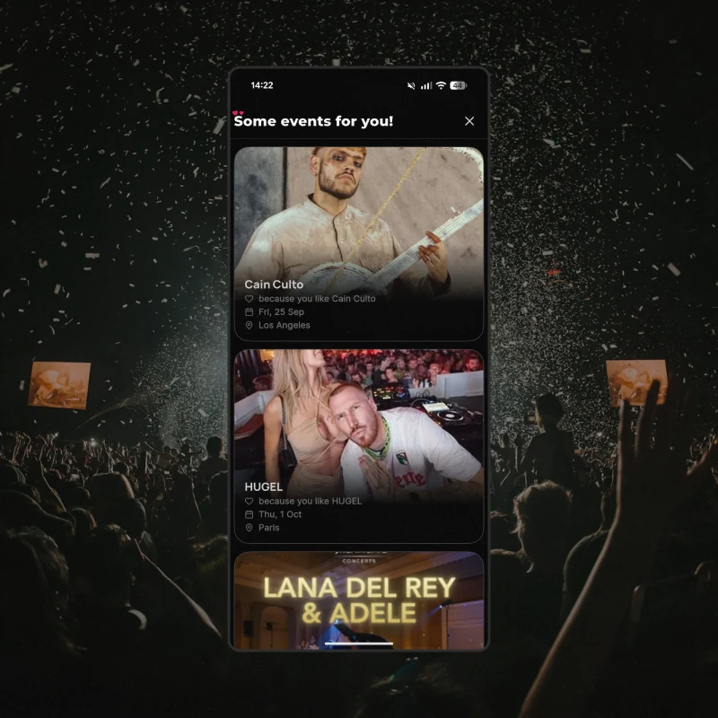 Events picked from what was just liked, each card saying which artist it came from