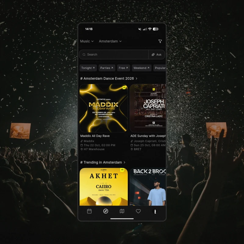 The explore tab with search and quick filters, then event posters grouped by Amsterdam Dance Event and what is trending