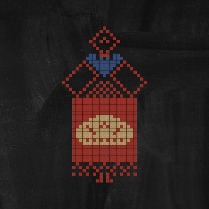 One stitched panel on black: a gold loaf of bread on red, hanging from a diamond